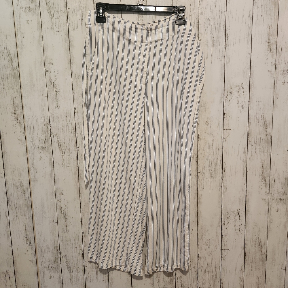 Wide Leg Striped Linen-Blend Pants - White & Blue